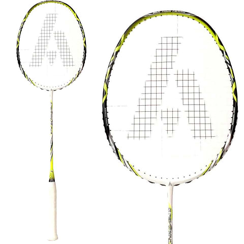 A close-up view of the Ashaway Superlight 10 Hex Badminton Racket - White Green showcases its design with a white and yellow frame. The racket's string pattern forms intersecting lines, complemented by a white grip tape on the handle. Enhanced with Hex technology for improved aerodynamics, the Ashaway logo is visible on the strings.