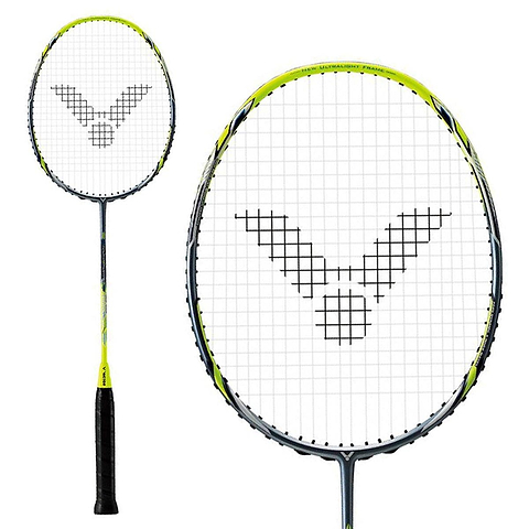 The Victor Drive X Light Fighter 60 Badminton Racket by Victor features a head heavy balance, black grip, blue-yellow and silver frame, and a black logo pattern on the strings. Images include full view and close-up of the racket head.