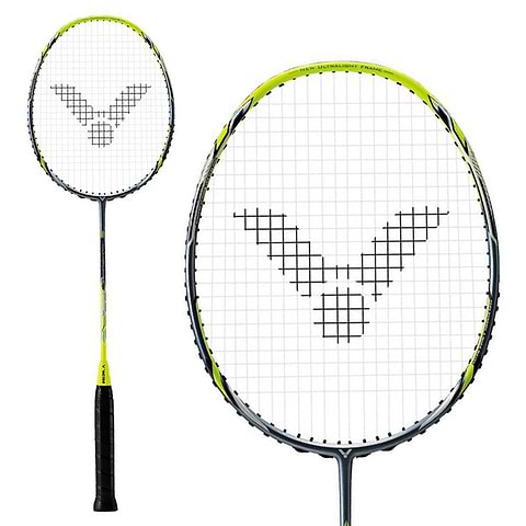 The Victor Drive X Light Fighter 60 Badminton Racket by Victor features a head heavy balance, black grip, blue-yellow and silver frame, and a black logo pattern on the strings. Images include full view and close-up of the racket head.