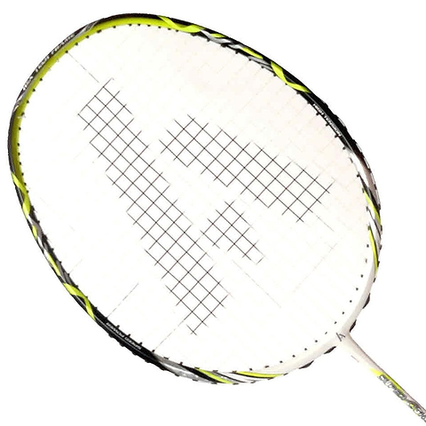 Close-up of an Ashaway Superlight 10 Hex Badminton Racket in white and green. The strings form a tight grid pattern, featuring a dark, stylized "V" logo at the center. Enhanced by Hex technology for improved aerodynamics, this design stands out against a plain white background.