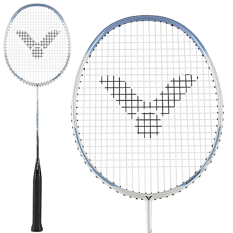 A close-up of the Victor Auraspeed 9A Badminton Racket - White, ideal for beginner or intermediate players, highlights its white frame with black strings and a unique black pattern at the center. The textured black handle is presented from two distinct angles.