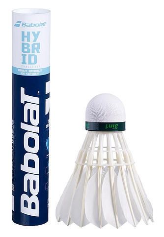 Babolat Hybrid badminton feather shuttlecocks, set of 12, shown with the tube packaging and a single shuttle