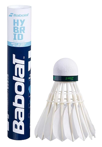 Babolat Hybrid badminton feather shuttlecocks, set of 12, shown with the tube packaging and a single shuttle