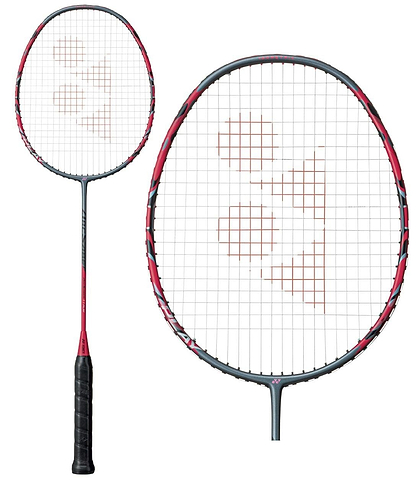 A Yonex Arcsaber 11 Play badminton racket with a greyish pearl finish and a circular string pattern. Its isometric head design enhances precision. The images showcase both a full view and a close-up of the racket's control assist bumper for improved gameplay.