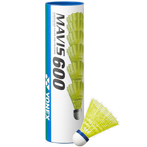 Yonex Mavis 600 badminton nylon shuttlecocks in yellow, set of 6, shown with the tube packaging