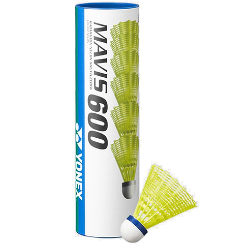 Yonex Mavis 600 badminton nylon shuttlecocks in yellow, set of 6, shown with the tube packaging