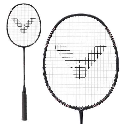 Victor Thruster K1 H badminton racket in black and pink, shown full length beside a close-up of the head