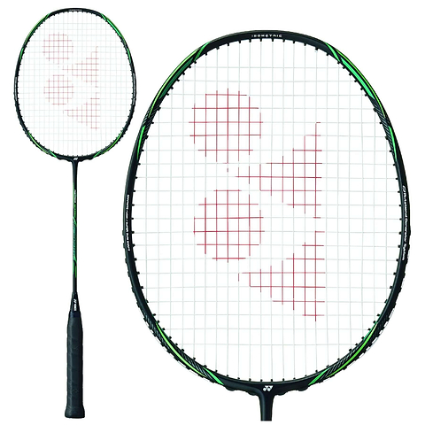 The Yonex Astrox Nextage 4U Badminton Racket in black and green, shown full length beside a close-up of the head, with green detailing across the frame and shaft.