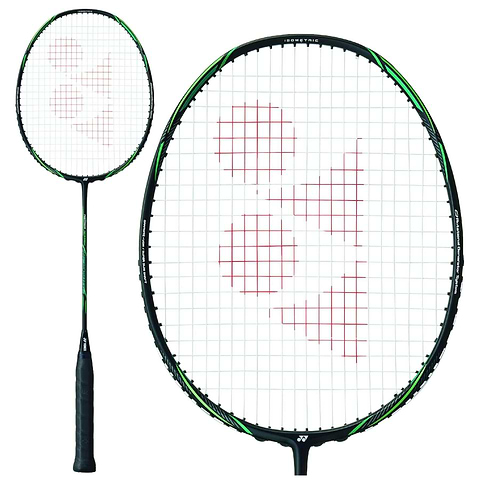 The Yonex Astrox Nextage 4U Badminton Racket in black and green, shown full length beside a close-up of the head, with green detailing across the frame and shaft.