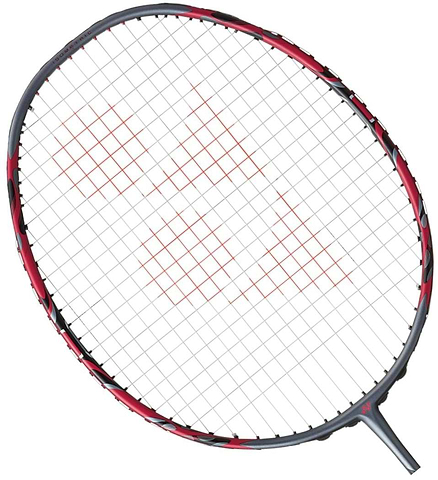 A Greyish Pearl Yonex Arcsaber 11 Pro 3U badminton racket with an oval head, featuring white strings and distinct red patterns in a symmetrical design, viewed at an angle against a white background.