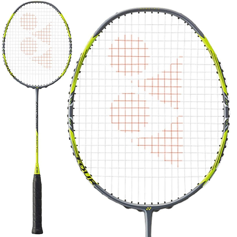 Yonex Arcsaber 7 Tour 4U badminton racket in grey and yellow, shown full length alongside a close-up of the head