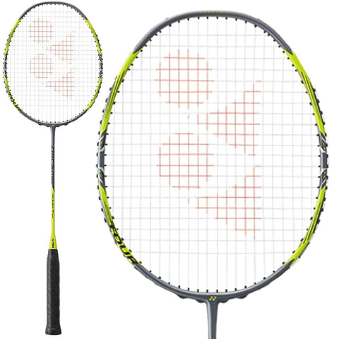 Yonex Arcsaber 7 Tour 4U badminton racket in grey and yellow, shown full length alongside a close-up of the head