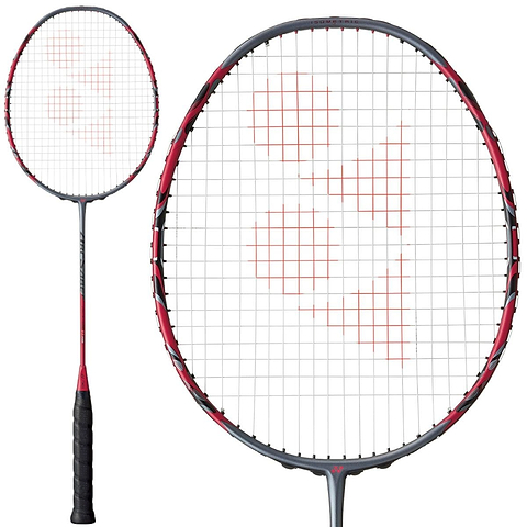 Yonex Arcsaber 11 Pro 4U badminton racket in greyish pearl, shown full length alongside a close-up of the frame and string bed
