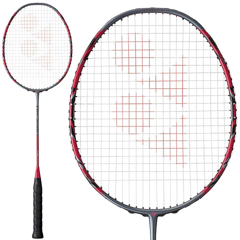 Yonex Arcsaber 11 Pro 4U badminton racket in greyish pearl, shown full length alongside a close-up of the frame and string bed