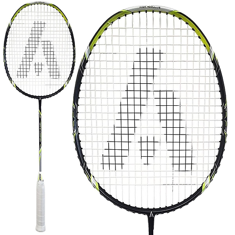 The Ashaway Vex Striker 300 badminton racket boasts a sleek black and lime green frame with a white grip. Made from high-quality graphite, its strings create a distinct "A" design. Displayed with a side view and close-up of the head, this racket is perfect for enthusiasts seeking precision play.