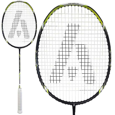 The Ashaway Vex Striker 300 badminton racket boasts a sleek black and lime green frame with a white grip. Made from high-quality graphite, its strings create a distinct "A" design. Displayed with a side view and close-up of the head, this racket is perfect for enthusiasts seeking precision play.