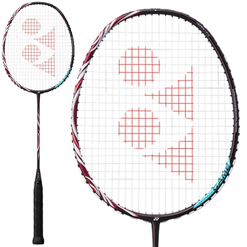 The Yonex Astrox 100 Game 4U Kurenai Badminton Racket in red, shown full length with a close-up of the head, sharing the deep crimson frame of the wider Kurenai range.