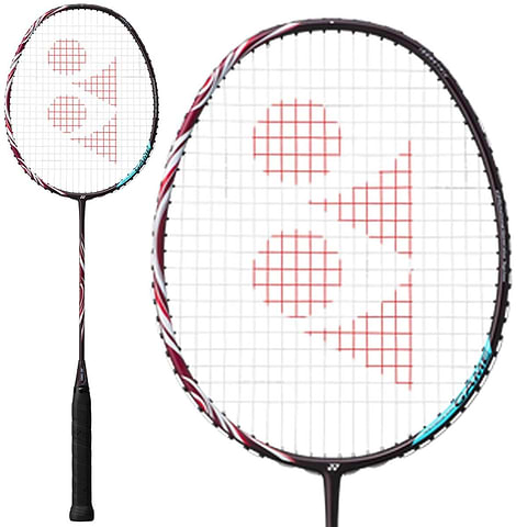 The Yonex Astrox 100 Game 4U Kurenai Badminton Racket in red, shown full length with a close-up of the head, sharing the deep crimson frame of the wider Kurenai range.