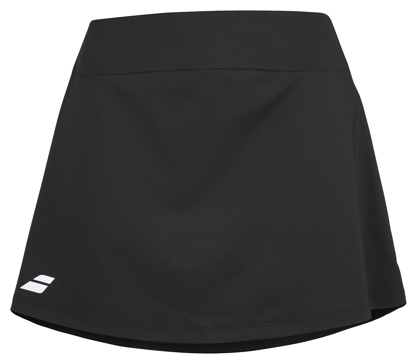 The Babolat Play Women's Badminton Skirt in black, made from recycled polyester, showcases a minimalist design with a discreet logo on the lower left corner. It provides 360 Motion technology for a smooth and wrinkle-free look, blending sporty elegance seamlessly.