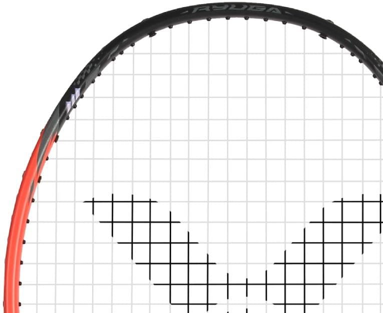 Close-up of the Victor Thruster Ryuga CLS C 4U Badminton Racket by Victor in black and red, showing the Power Box frame, white strings, and a unique black "Y" or "V"-shaped pattern on the string bed.