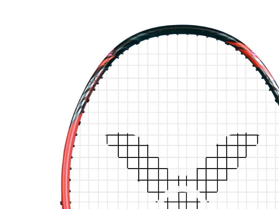 Close-up of a badminton racket showcasing the Victor Thruster Ryuga Metallic C 3U design in a striking black and red frame. The strings create an "X" pattern reminiscent of its iconic look, crafted with Metallic Carbon Fibre, making this piece pop against the plain white background.