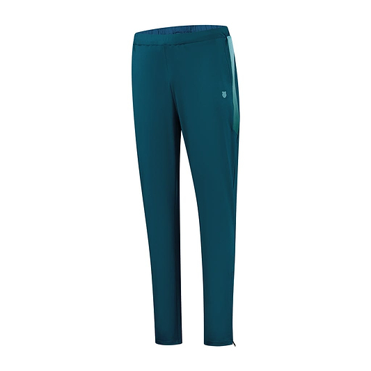 Introducing the K-Swiss Tac Hypercourt Badminton Tracksuit Pants 5 in Blue Opal: These slim-fit pants feature an elastic waistband and a subtle logo on the hip, drawing inspiration from badminton tracksuit pants. Crafted by K-Swiss, they are made from lightweight, breathable fabric to provide ultimate comfort during movement.