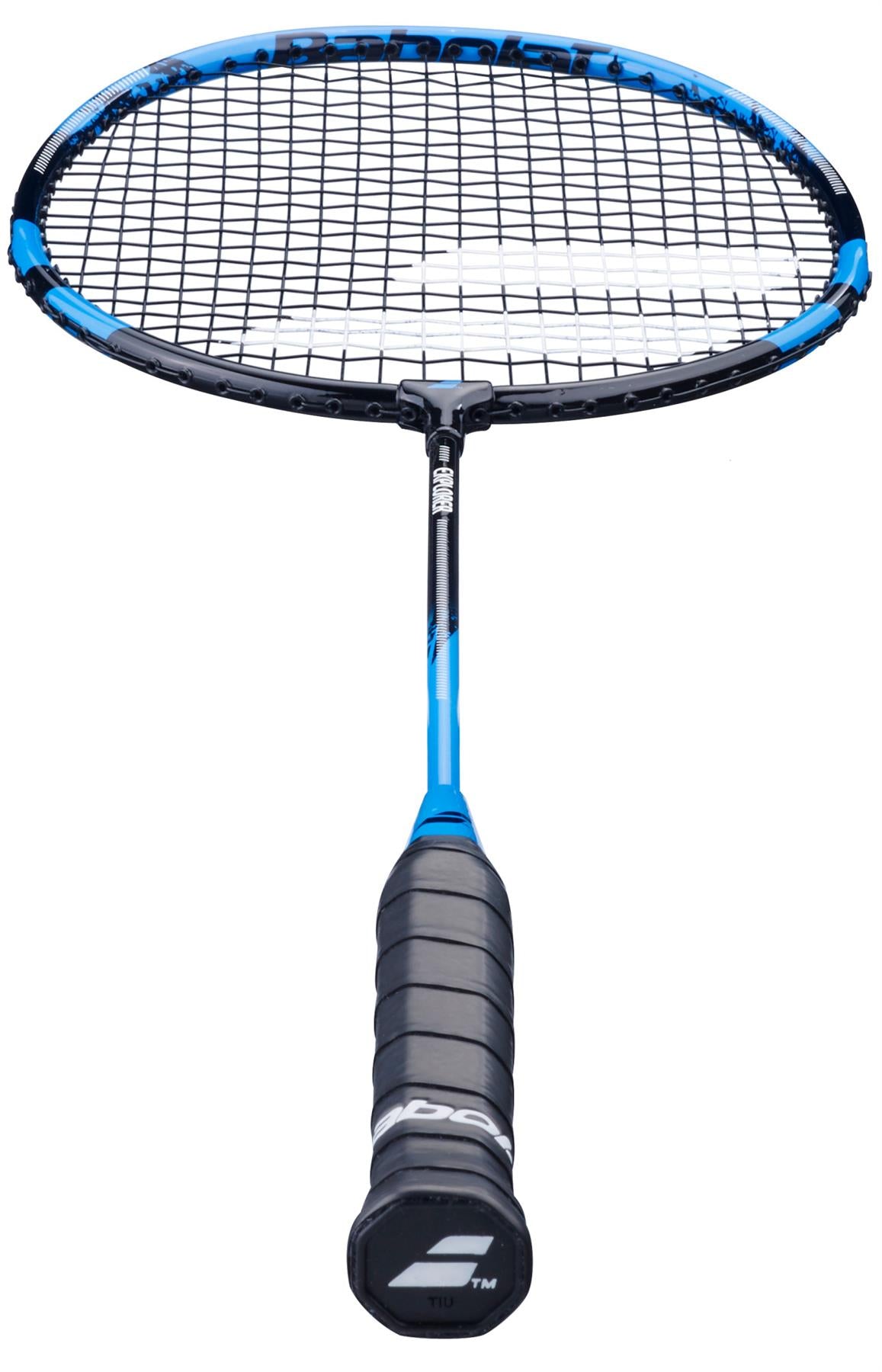 The Babolat Explorer 2026 Badminton Racket in blue and black is displayed vertically, featuring Babolat branding, a black grip handle, and an oval stringed head facing upward.