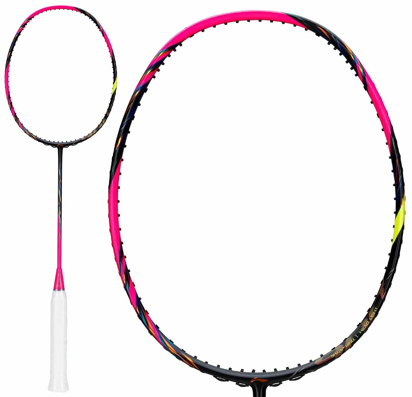 The Li-Ning BladeX 900 4U Badminton Racket in fluorescent pink features a black, pink, and yellow frame with a white grip. Shown are both the full racket and a close-up of its oval high-modulus carbon fibre head for top performance.
