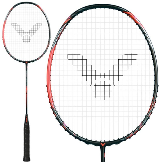 The Victor Thruster Ryuga Metallic C 3U badminton racket from the Victor brand displays a stylish black and red design, highlighted by a pixelated logo on the strings, and is made from Metallic Carbon Fibre, elegantly presented against a plain white background.