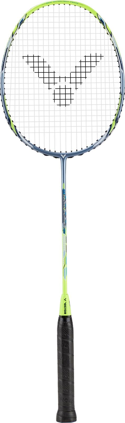 The Victor DriveX Light Fighter 60 E Badminton Racket, in a stunning green color, features an aerodynamic frame complemented by black logo-patterned strings and a black grip handle, all set against a plain white background.