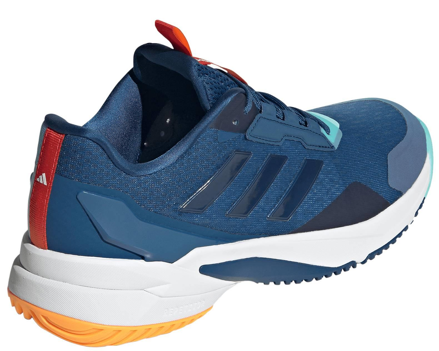 The adidas Crazyflight 6 Men's Indoor Badminton Shoes in navy feature black stripes, a white sole, orange heel detail, and turquoise toe accent—shown from the side and above—ideal for indoor court sports.