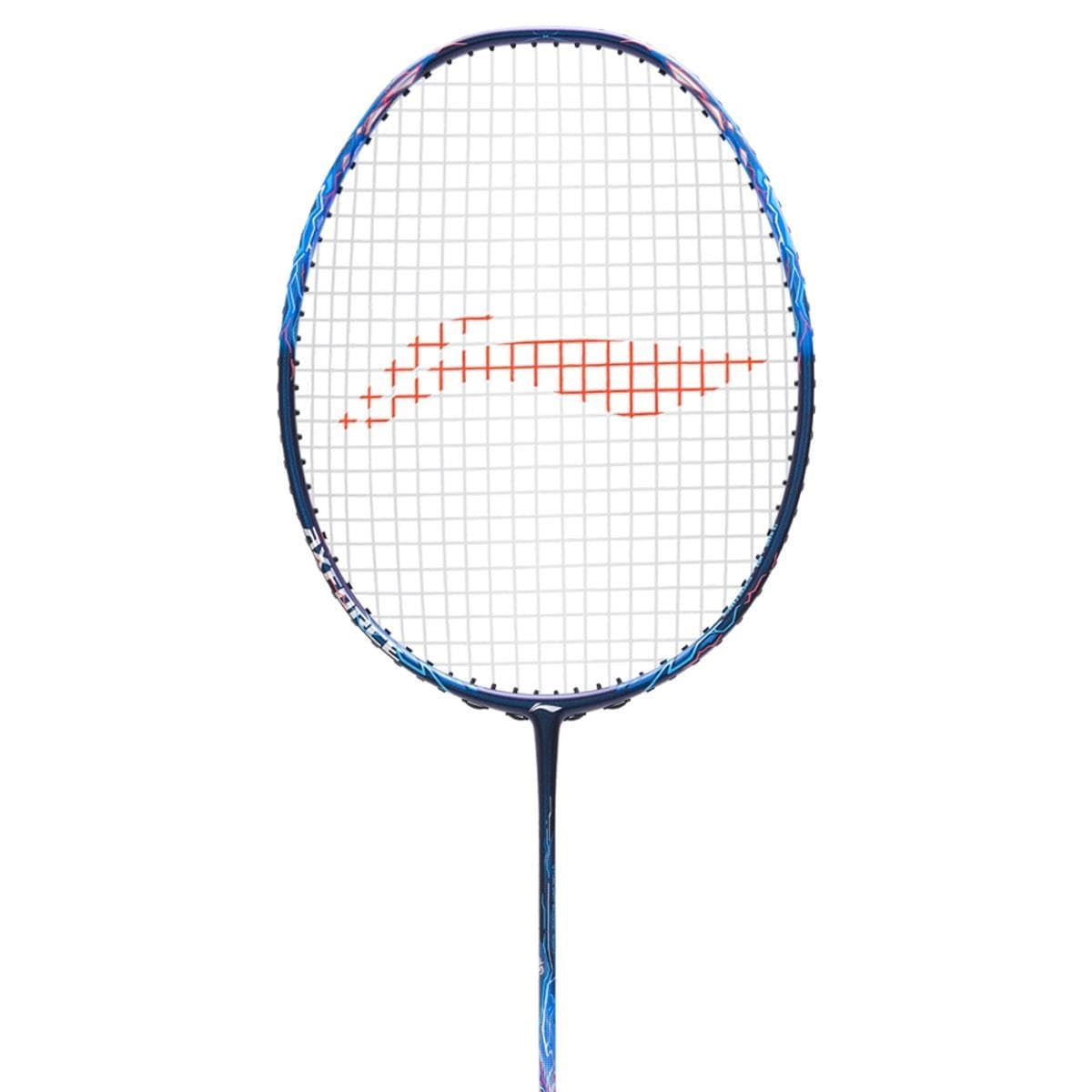 The Li-Ning Axforce 90 Dragon Max 4U Badminton Racket - Blue features a vivid blue frame paired with white strings and highlighted by a red designer pattern at the center. Specifically crafted for advanced players, its handle sports a patterned grip, enhancing its striking blue, white, and red color scheme.