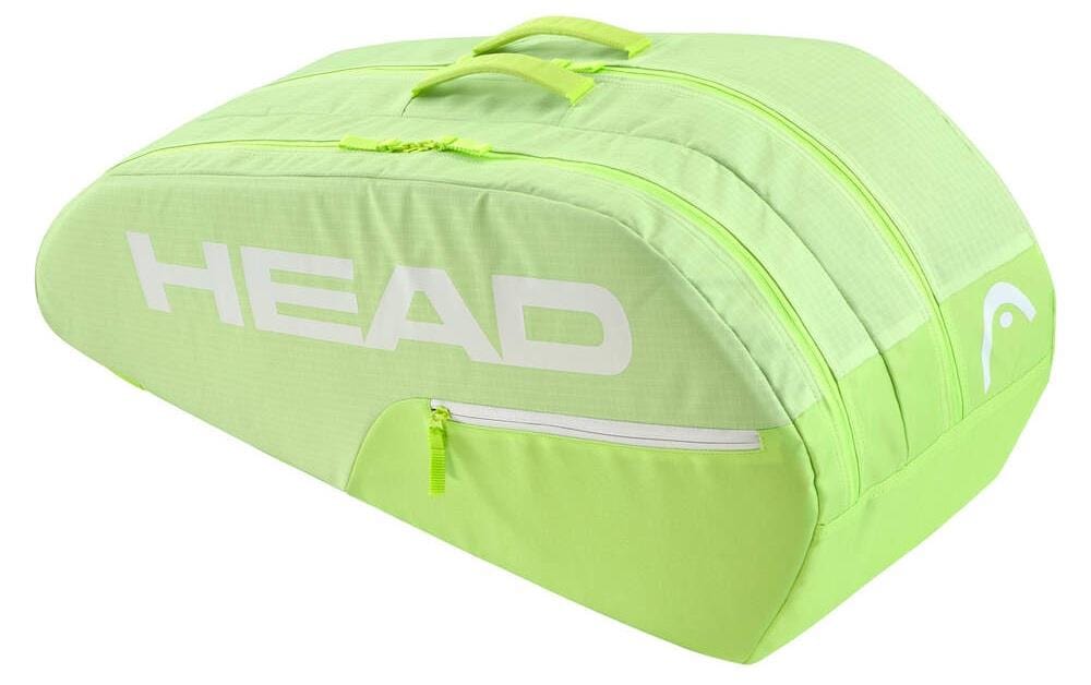 The HEAD BASE 6 Racket Badminton Bag M - SG in lime green features three compartments, a top handle, and showcases "HEAD" in bold white letters. It includes a side zippered pocket for extra storage, perfect for all your tennis essentials.