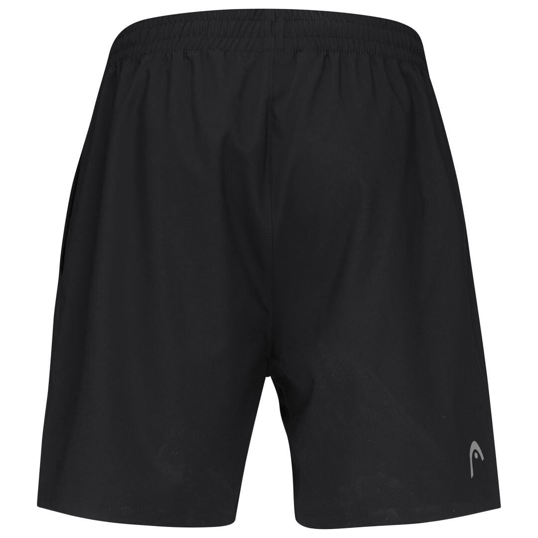 HEAD Club Mens Shorts in black, featuring MXM Technology for enhanced performance and designed with an elastic waistband, displayed from the back. The smooth fabric highlights a small, subtle HEAD logo near the hem on one side, making them perfect for sportswear enthusiasts who value both comfort and style.