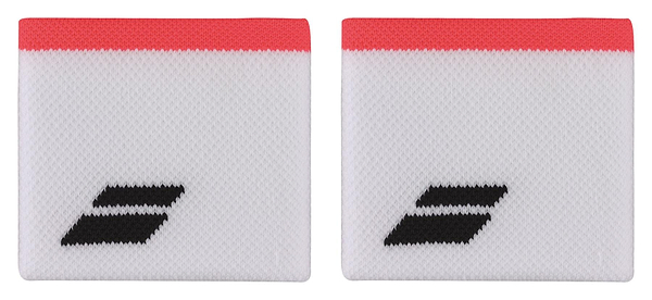 The Babolat Logo Wristband in White/Strike Red showcases two comfortable sports accessory wristbands featuring a black Babolat logo and red trim at the top. These absorbent wristbands are presented side by side against a pristine white background.