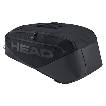 The HEAD Pro X 9 Racket Badminton Racket Bag L - Black features a large zippered compartment, side handle, and bold HEAD logo. Its sleek mix of fabric and hard-shell design makes it perfect for badminton and inspired by Novak Djokovic.