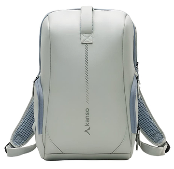 A sleek, minimalist light gray Kanso Intuko Badminton 23L Backpack with "Kanso" printed vertically on the front. It has adjustable mesh straps and a top handle against a white background.
