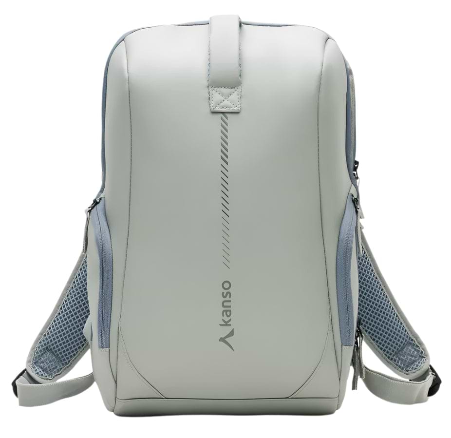 A sleek, minimalist light gray Kanso Intuko Badminton 23L Backpack with "Kanso" printed vertically on the front. It has adjustable mesh straps and a top handle against a white background.