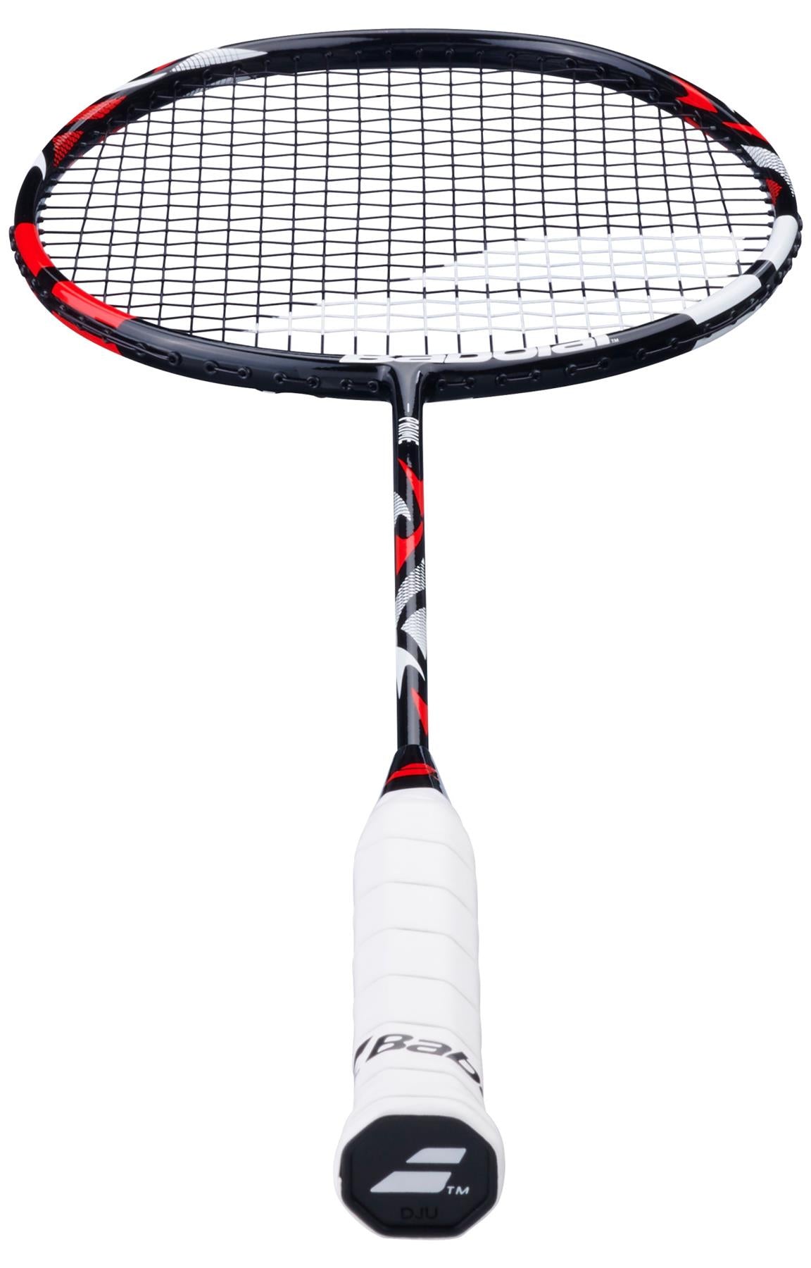 The Babolat Prime 2026 Badminton Racket in black and white from Babolat is displayed against a white background, photographed from the handle to the head.
