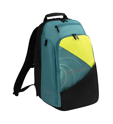 The Dunlop SX Performance Badminton Backpack combines style and function with a teal body, black and lime front pocket sporting geometric patterns, and black shoulder straps. Ideal for racket transport, it offers modern appeal and practicality with multiple zippers.