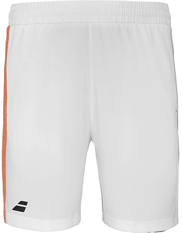 The Babolat Play Men's Badminton Shorts in White feature recycled polyester, an elastic waistband, a thin orange stripe on the left side, and a small black logo by the bottom hem—ideal for badminton or any workout.