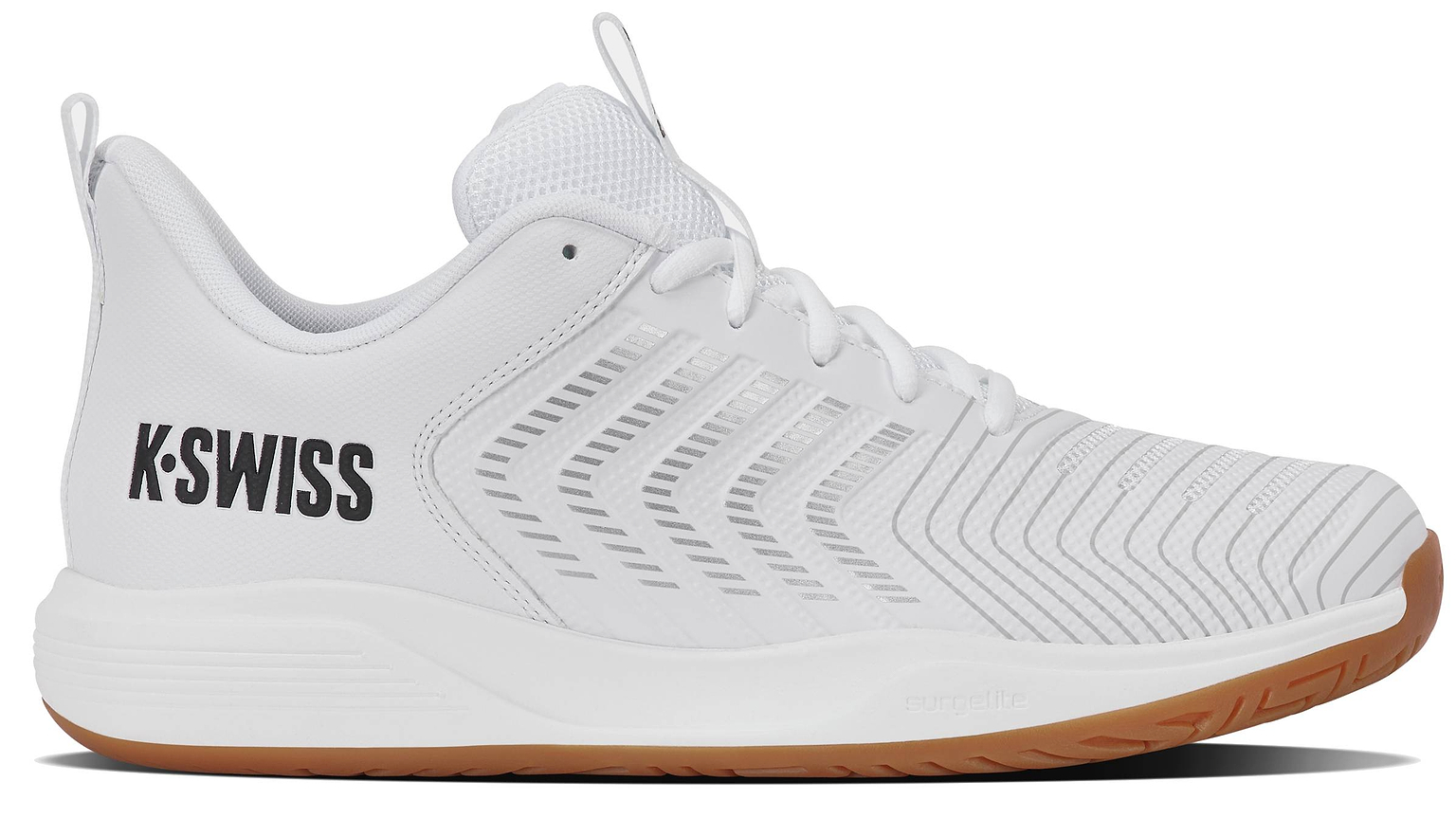 The K-Swiss Ultrashot Light Indoor Men's Badminton Shoes in White/Black/Silver feature textured design accents, a breathable mesh tongue, and a non-marking gum rubber outsole ideal for indoor badminton. The black K-Swiss logo is displayed on the heel.