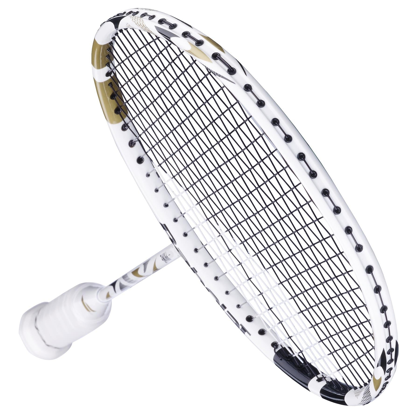 The Babolat Prime 2026 Badminton Racket in white and gold, angled upright next to a shuttlecock, features black strings and a lightweight design, making it an ideal beginner racket.
