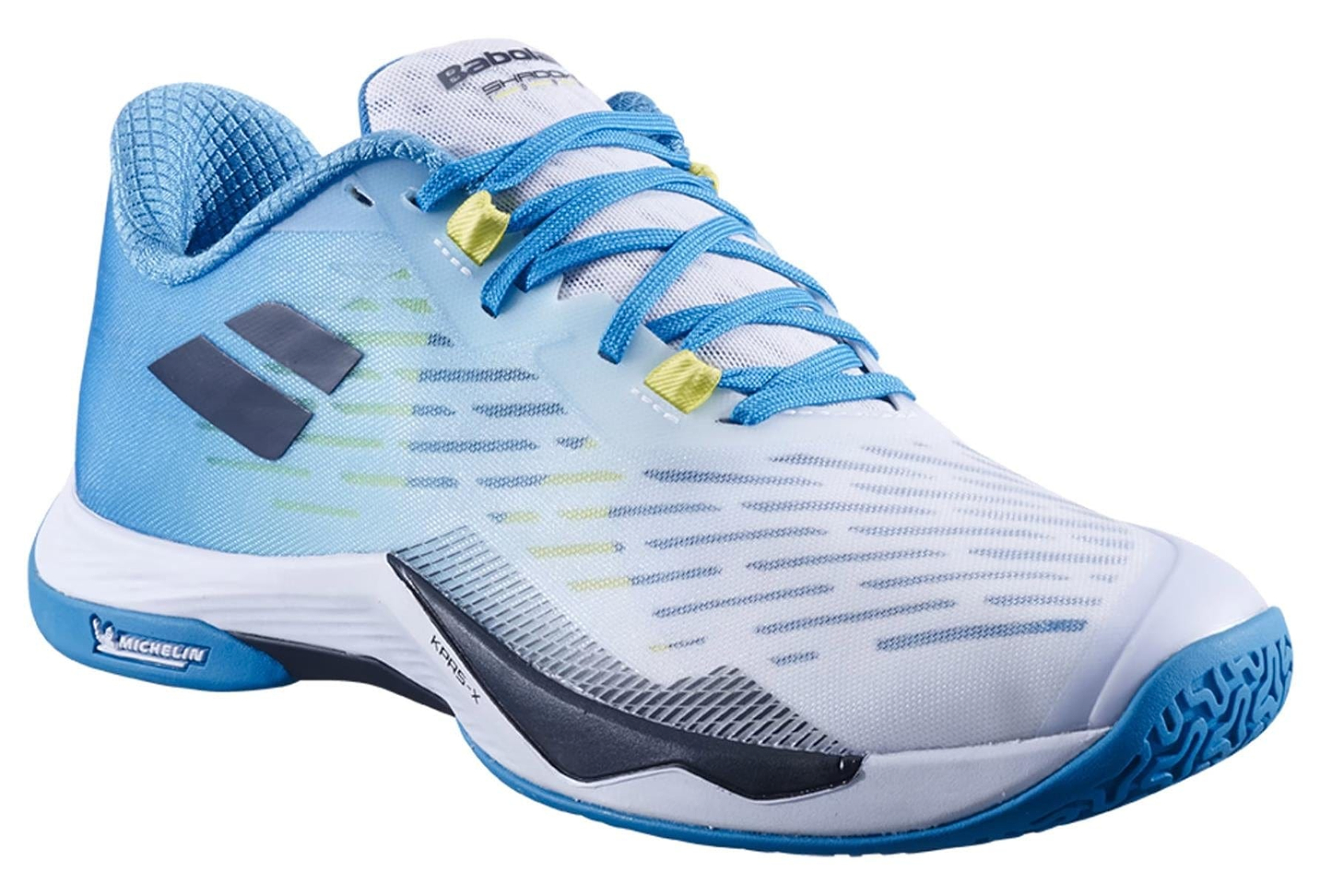 The Babolat Shadow Tour 5 Men's Badminton Shoes in Algier Blue feature a light blue and white design with blue laces, yellow lace eyelets, a patterned blue sole, black logo, and Michelin branding near the sole.