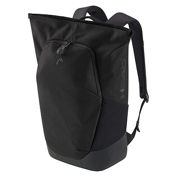 The HEAD Pro X Badminton Backpack 25L - Black features a large front zipper pocket, sturdy shoulder straps, a special racket compartment, an urban minimalist design, and "HEAD" printed vertically on the side.
