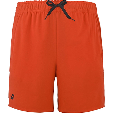 The Babolat Play Mens Badminton Shorts in Cherry Tomato feature a black drawstring and small black logo on the lower left leg, made from recycled polyester and shown against a plain white background.