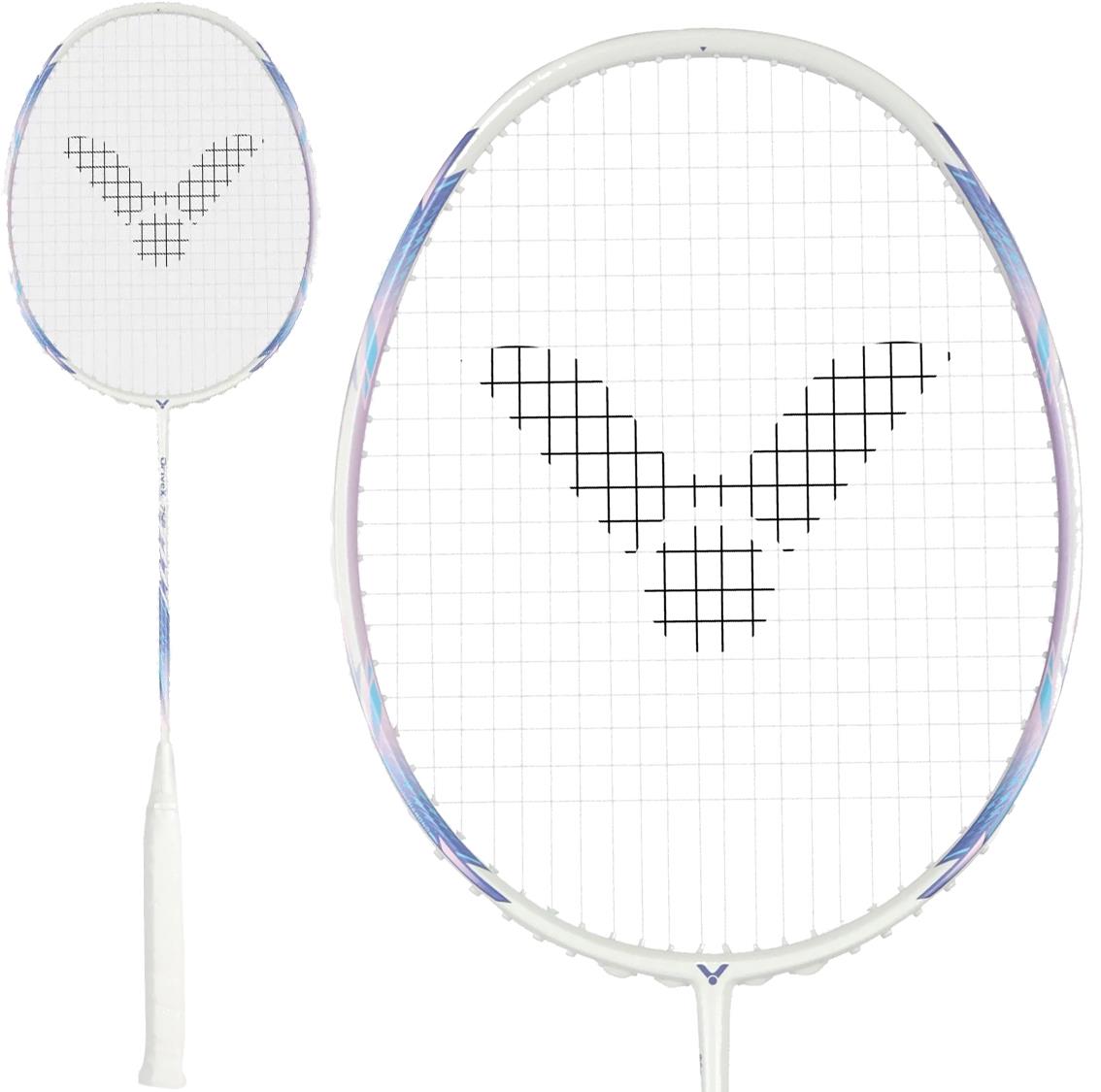 The Victor DriveX 7SP AJ 4U Badminton Racket in white and purple showcases the brand’s signature colors and a black geometric string pattern, with images displaying the full racket and a close-up of its stylish head design.