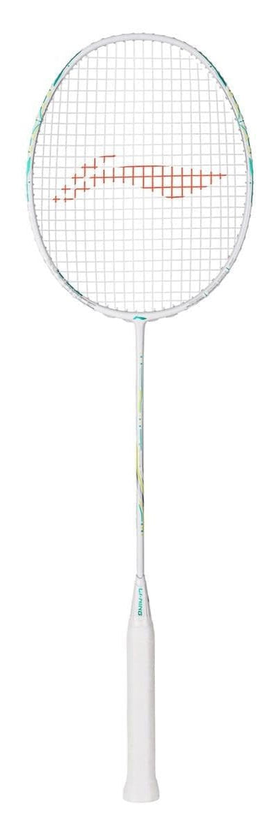 The Li-Ning Axforce 60 4UG5 Badminton Racket - White features a slim shaft, oval head with white strings and red diagonal pattern, a white handle, and FRTP technology for enhanced performance.