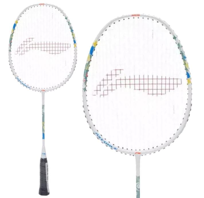 The Li-Ning Axforce Kids Play Junior Badminton Racket in Pearl White features a lightweight build, white strings with a swoosh-like center design, black grip tape on handles, and colorful accents on its plain white frame.