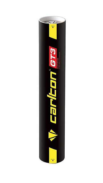 The Carlton GT3 White Feather Shuttlecocks, available in a set of 12, come packaged in a sleek black cylinder featuring bold yellow text, ensuring they catch the eye during club play. Known for their impressive durability, these Carlton shuttlecocks deliver outstanding performance across extended matches.